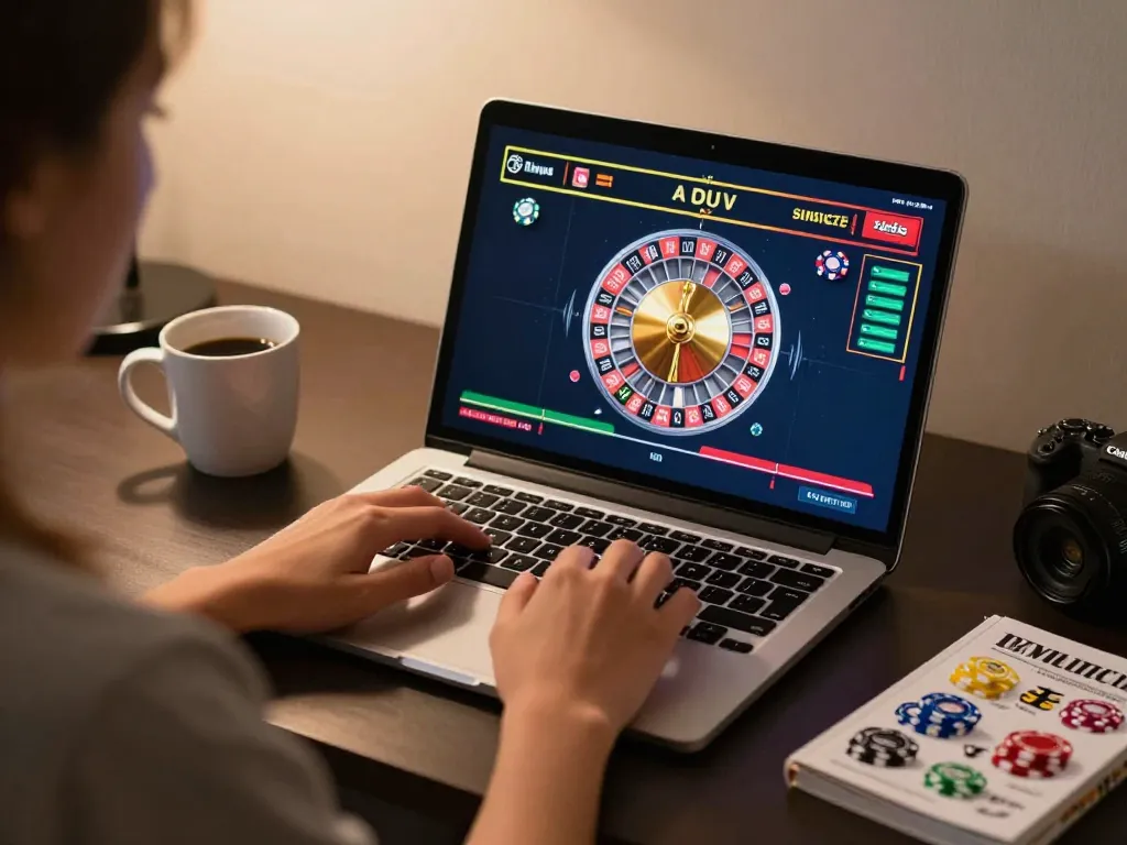 Engaging in online roulette gameplay at lucky88.sbs with a laptop setup in a cozy, modern environment