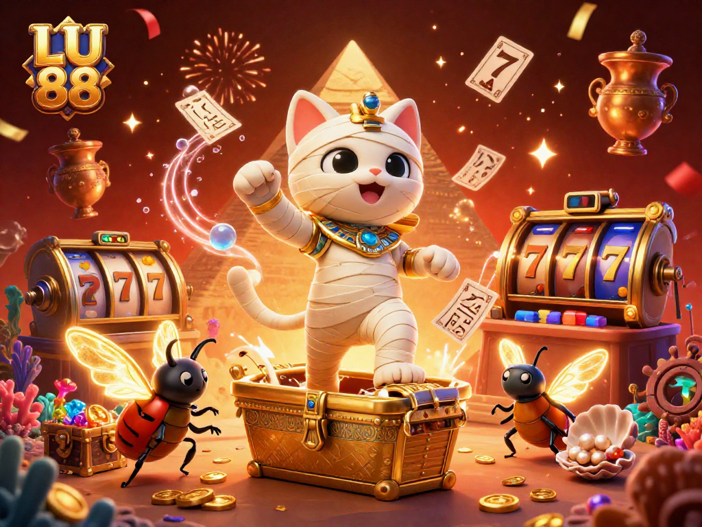 LU 88 brings exciting gameplay, featuring a vibrant 3D illustration of an Egyptian mummy cat and casino elements.