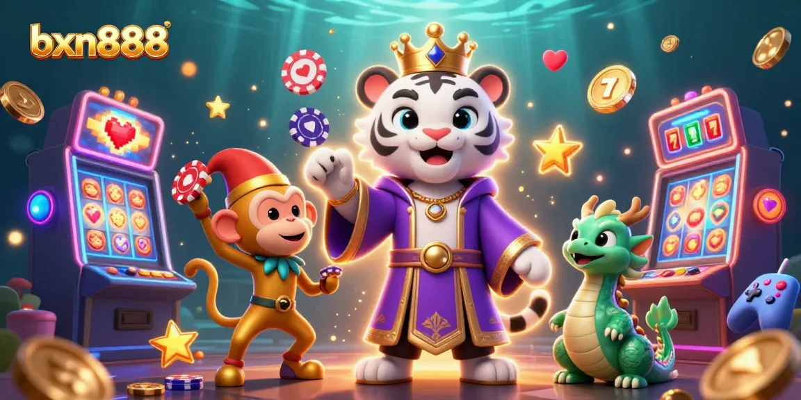 Experience the thrill of slots with bxn888 featuring a royal tiger, playful monkey, and vibrant casino elements.
