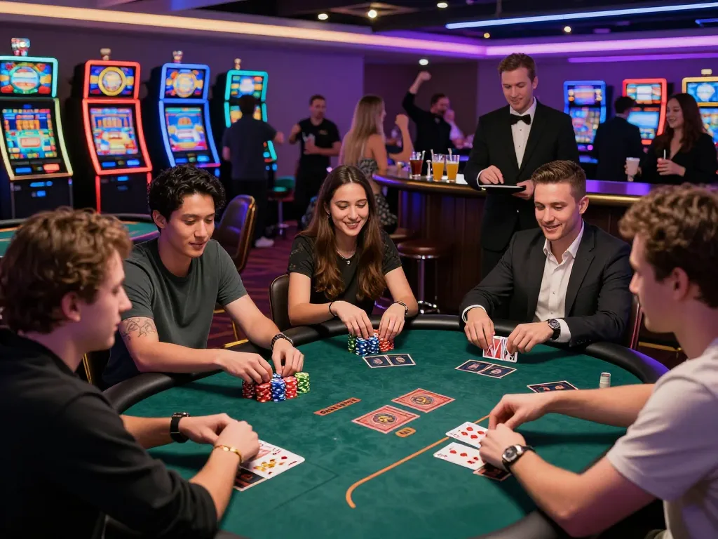 Exciting poker game at 8kbet casino with diverse players, colorful chips, and vibrant atmosphere.
