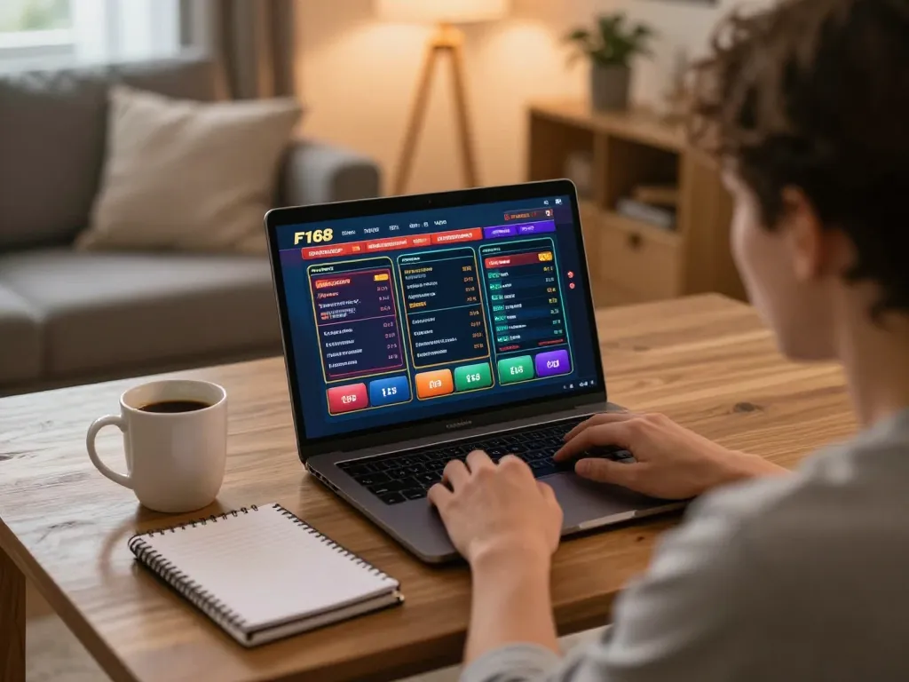 Player using F168 online casino platform on laptop surrounded by strategic notes and a cozy atmosphere.