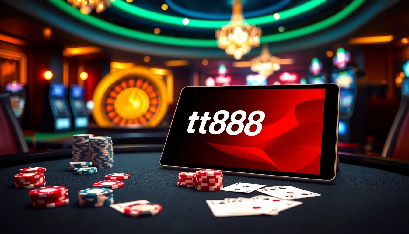 Experience the excitement of tt88 with a luxurious online casino ambiance featuring poker chips and a sleek tablet interface.