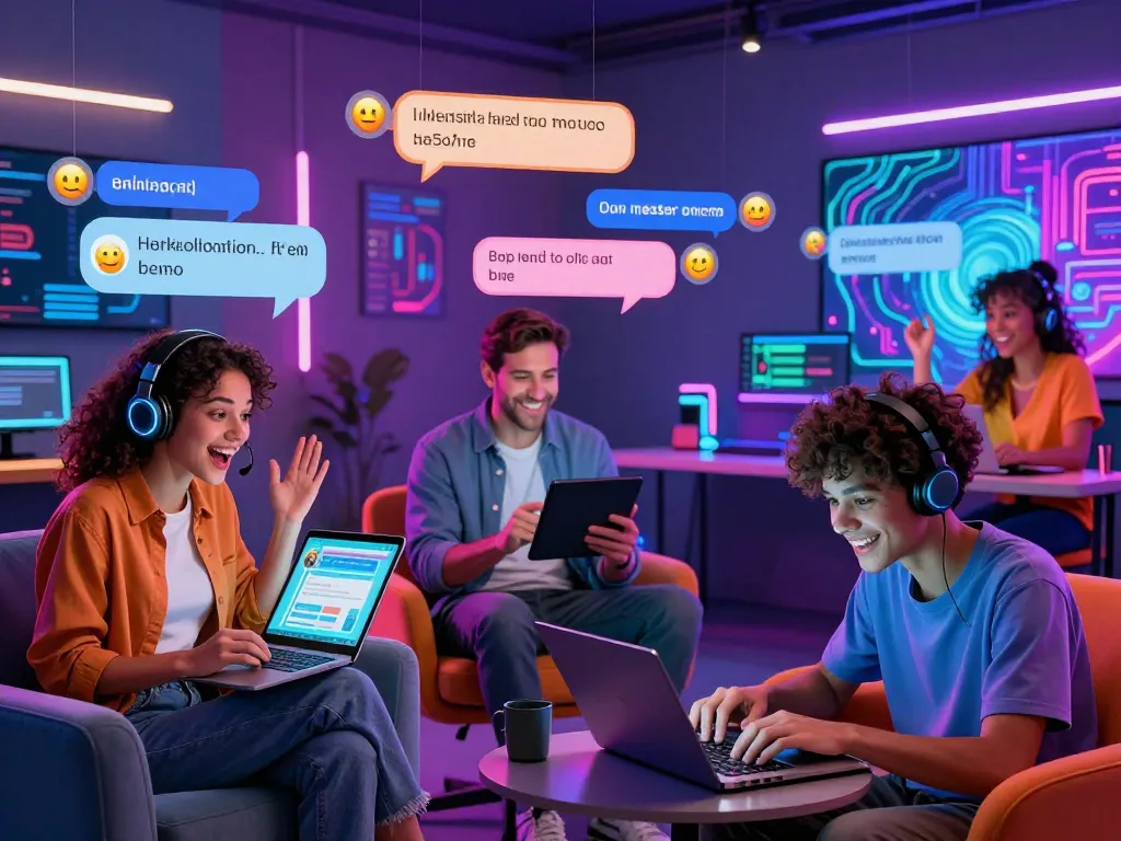 Engaging AI chat porn interactions, showcasing diverse users with chatbots in a lively digital environment.