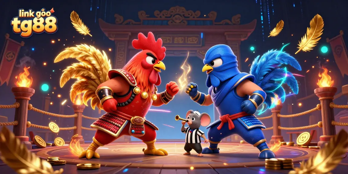 Engage with thrilling action at link vào tg88 with fighting roosters in 3D cartoon style amidst dynamic casino elements.
