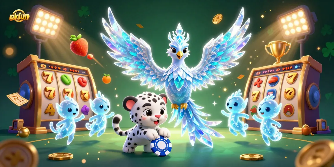 Engage in thrilling gaming action at the okfun online casino, featuring colorful slot reels and sparkling gold.