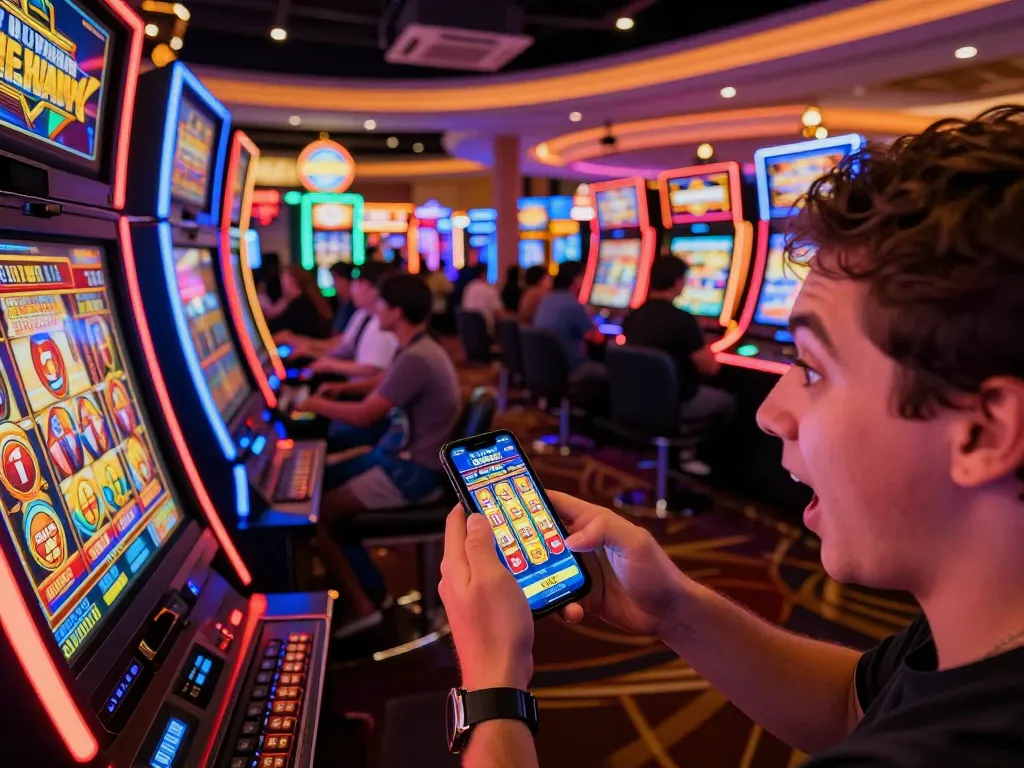 Excited player using cm88 app on smartphone to spin slots in vibrant casino setting