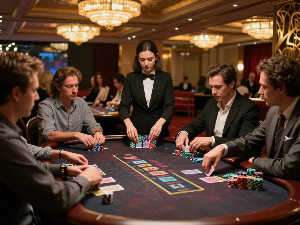 red888 high-stakes blackjack scene with players focused on strategic bets at an upscale casino