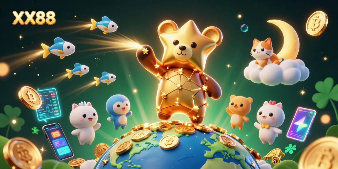 Engage in thrilling gameplay at XX88 with captivating golden stars and vibrant crypto elements.
