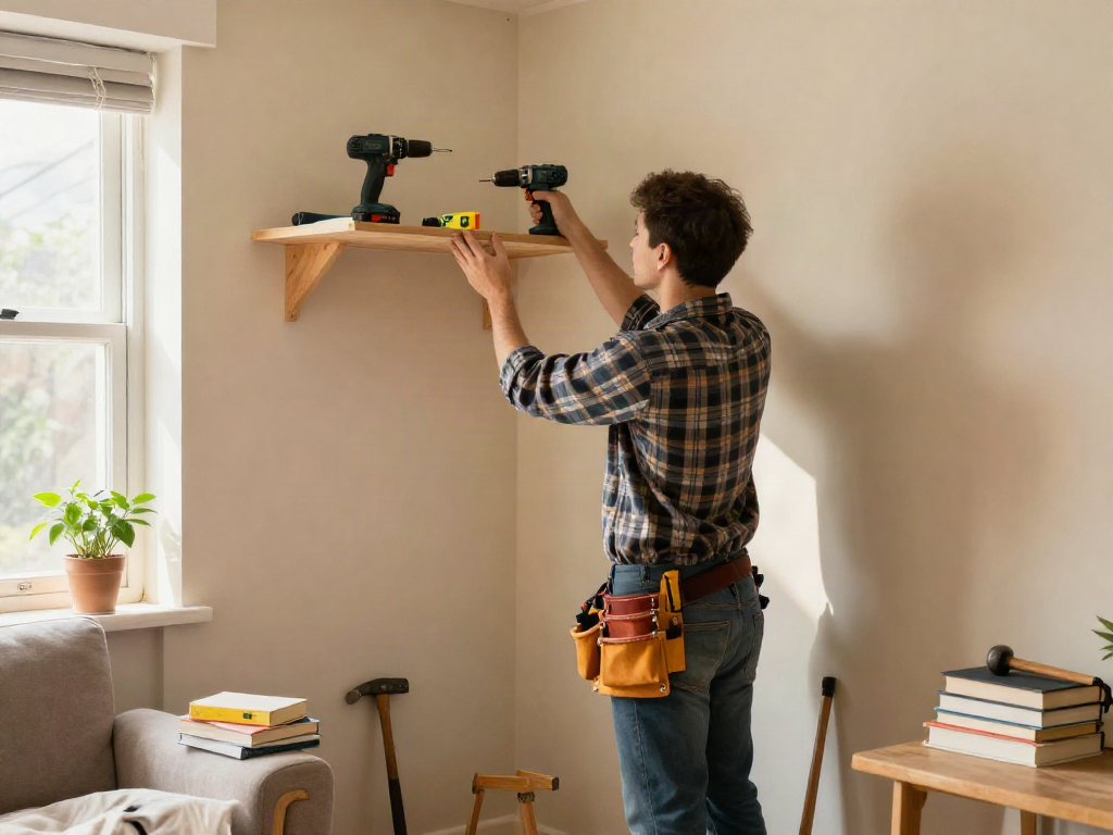 Home repair services Des Moines Iowa contractor installing shelves in a cozy living room