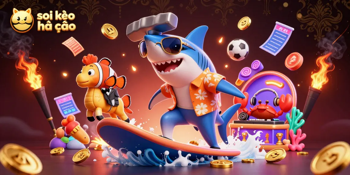 Engage in thrilling betting action with soi kèo nhà cái, featuring a hammer-head shark and clownfish amidst vibrant sports betting elements.