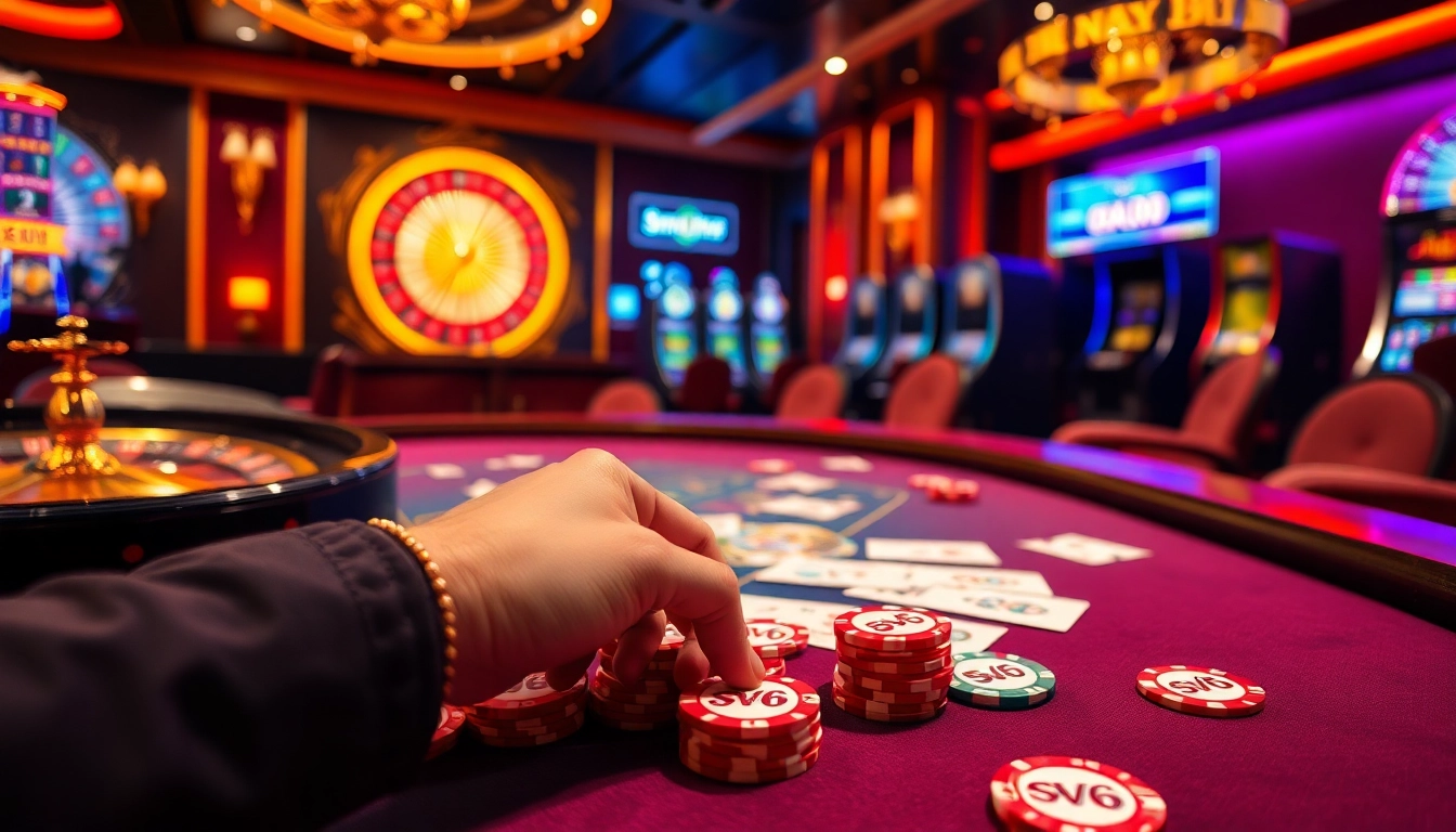 A thrilling poker scene at a casino showcasing SV66 poker chips in a high-stakes game.
