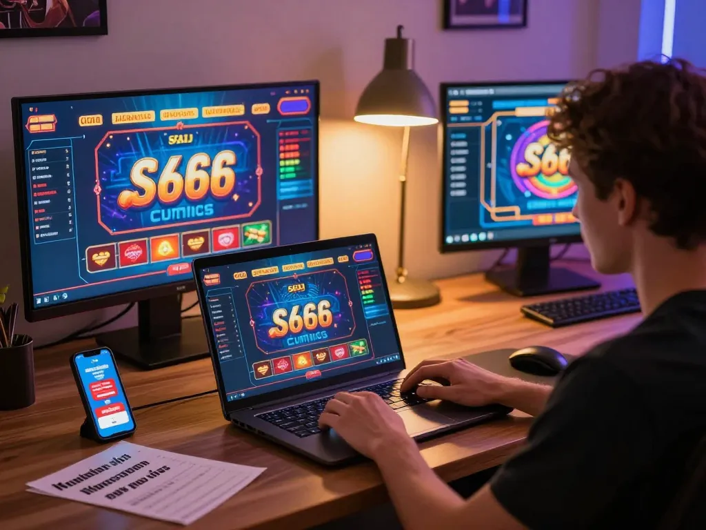 Player using laptop for casino gaming at S666.com with strategic documents nearby