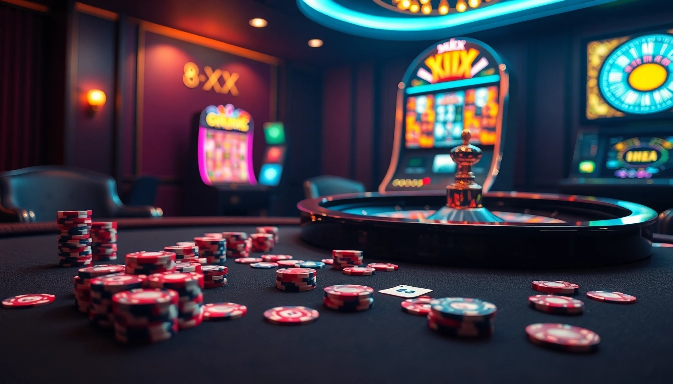 A lively casino table featuring 8 XX poker chips and cards, showcasing excitement in gambling.