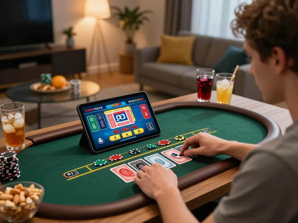 Exciting moment with a player engaging in o8casino live dealer game on tablet at home