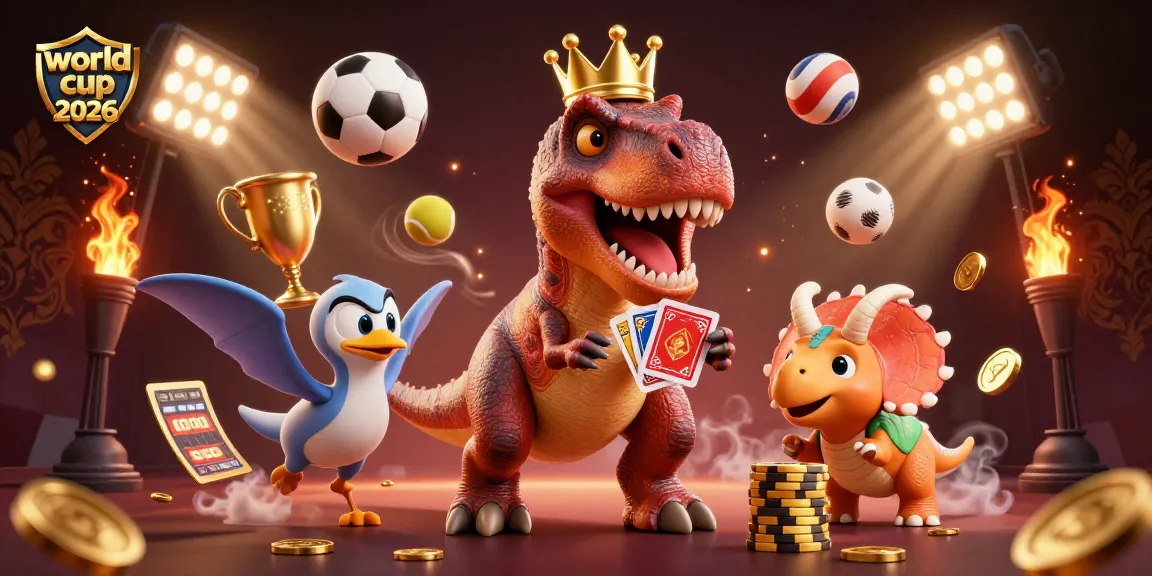 Experience the excitement of the world cup 2026 with this vivid casino scene featuring T-Rex and friends.
