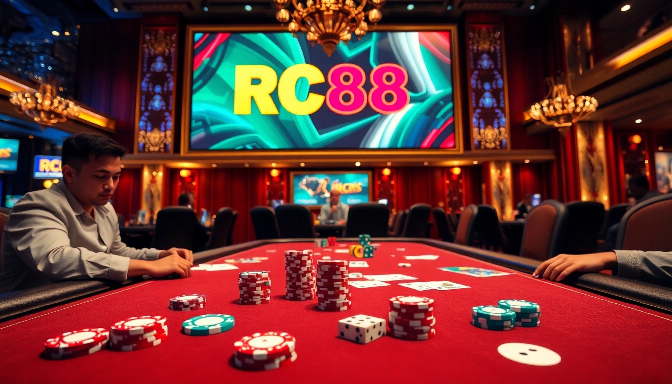 Experience the excitement of RC88 with vibrant poker chips and cards in a luxurious casino setting.