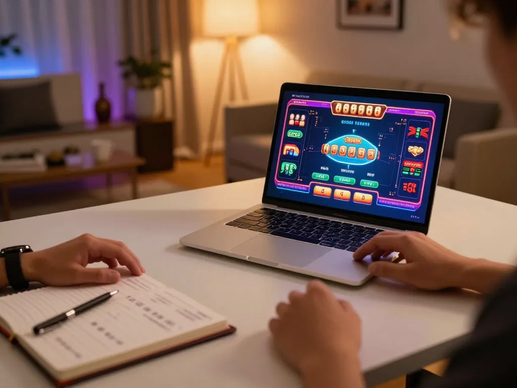 KUBET online gaming setup with vibrant casino interface and strategic notes on desk