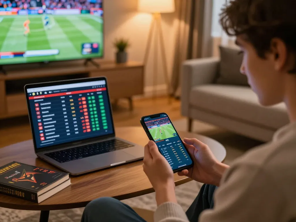 A player analyzing live odds on their smartphone at trang chủ hm88 while surrounded by sports strategy books.