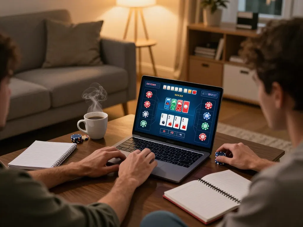 Online poker gaming session at home, showcasing engaging layout on https://kkwinzz.com/ with betting interface visible.