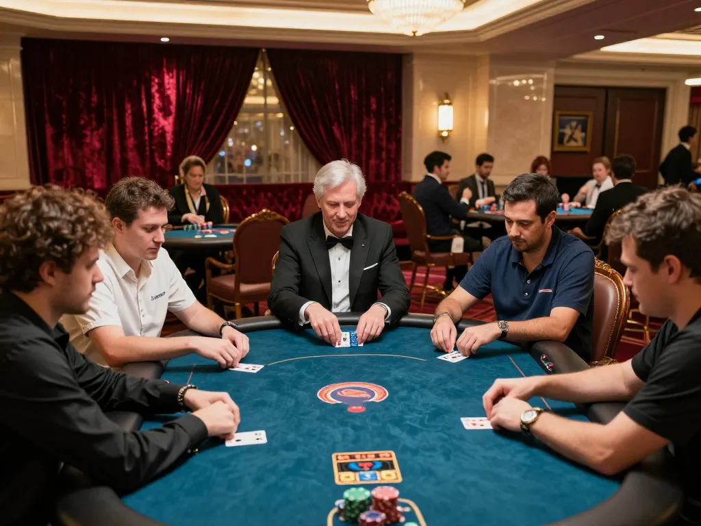 llwin players engaging in a high-stakes poker game at an upscale casino table