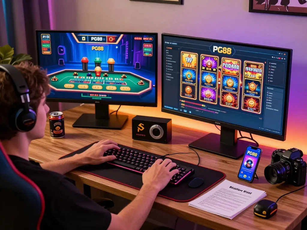 Playing PG88 casino games on dual screens in a vibrant online gaming setup.