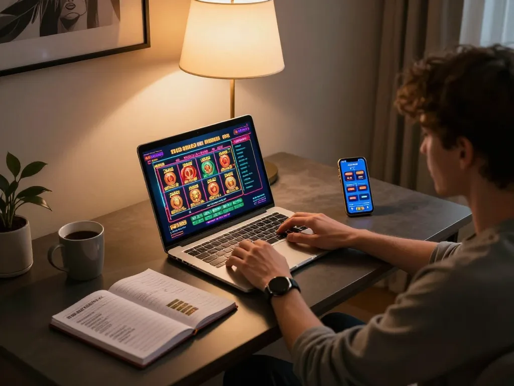 Engaging in exciting online gaming with go88 on laptop and smartphone in a stylish home environment.