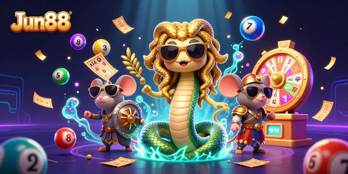 Engage with Jun88's gaming excitement featuring a vibrant scene of lottery elements and characters.