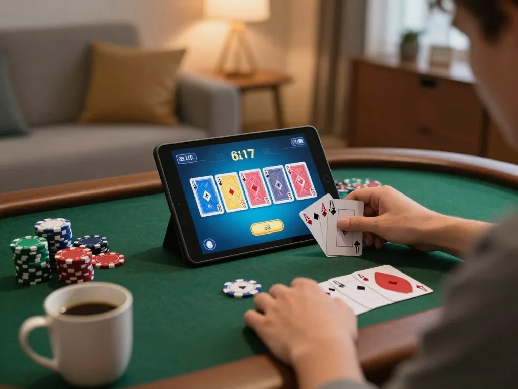 lc88 player engaging in online poker from home, showcasing strategy and gameplay.