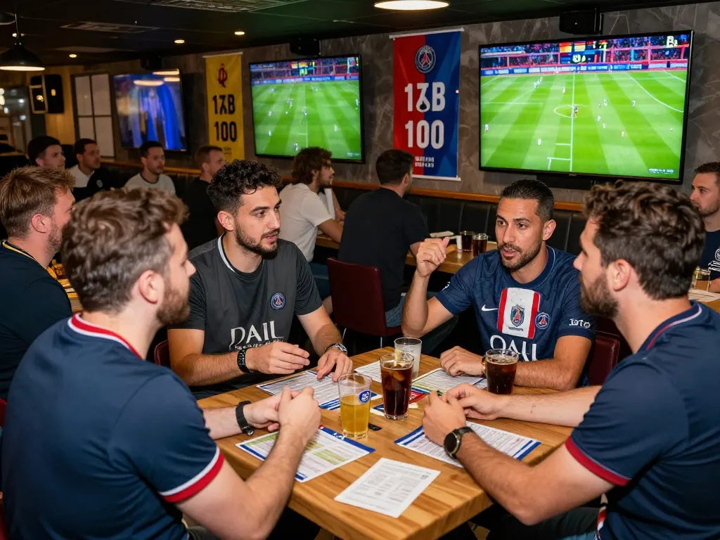 Soi kèo bóng đá Pháp scene with fans discussing Ligue 1 matches and betting odds.