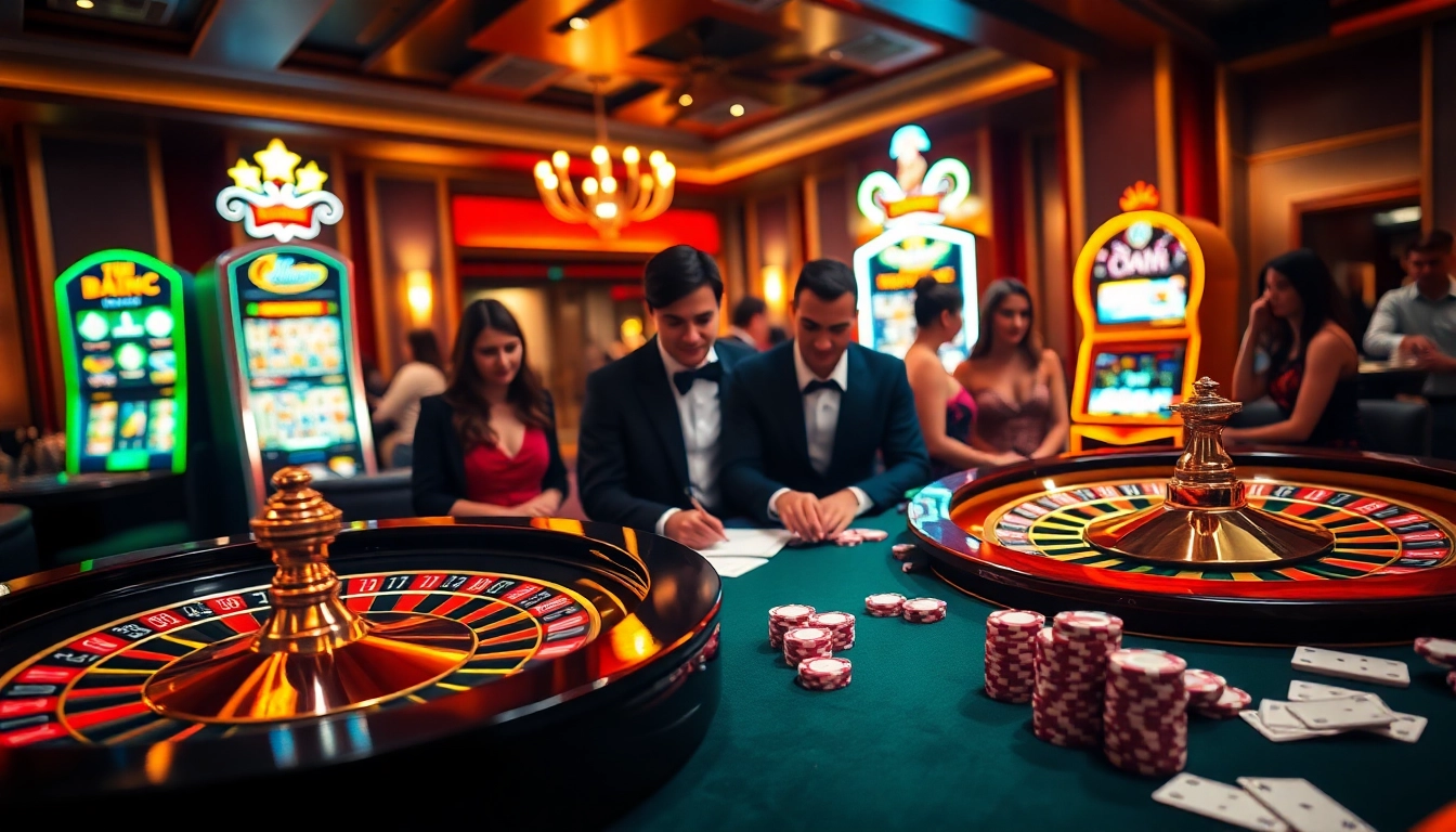 Engage in thrilling casino action at https://98win1.in.net/ with a vibrant poker table and roulette wheel scene.