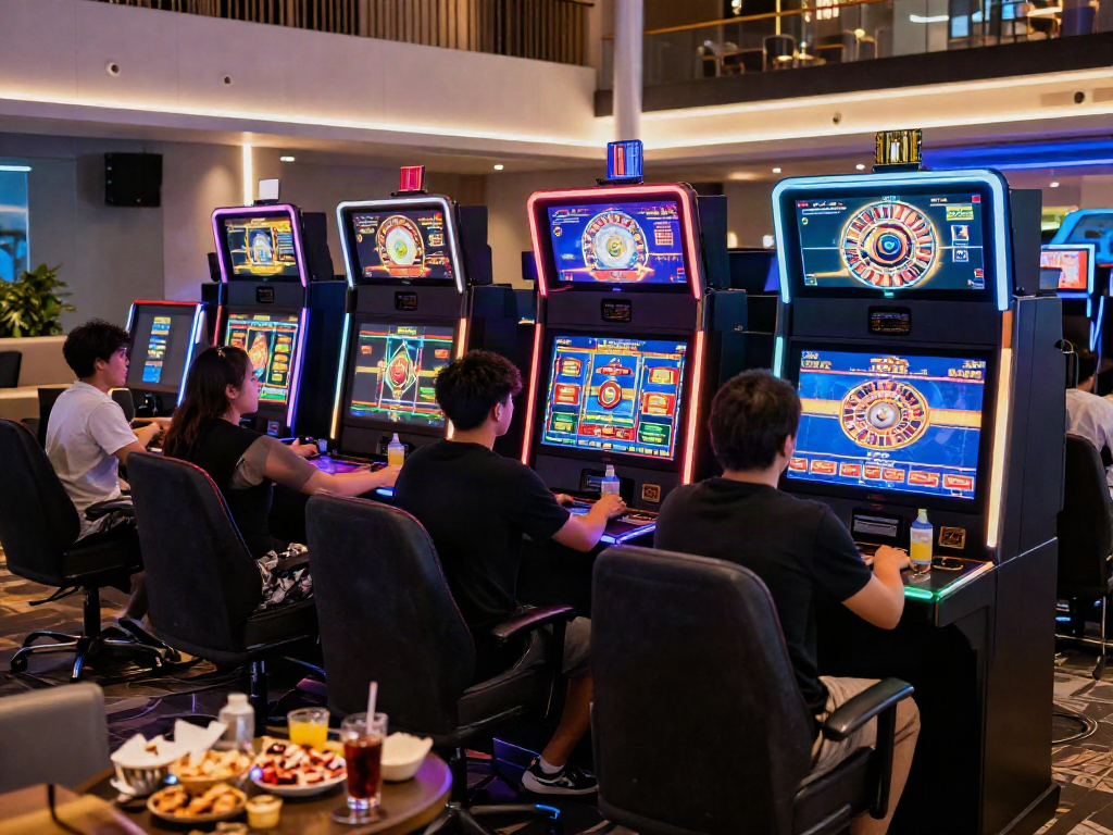 Online gaming scene at https://nbet.page/ with players enjoying thrilling casino games, vibrant atmosphere and modern setup.