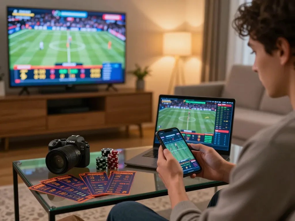 Engaged bettor using U888 app to place sports bets in a cozy living room