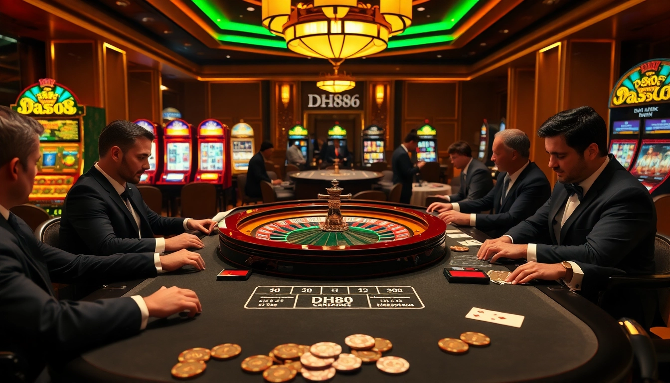 DH88-themed roulette table surrounded by high-stakes players in a luxurious casino atmosphere.