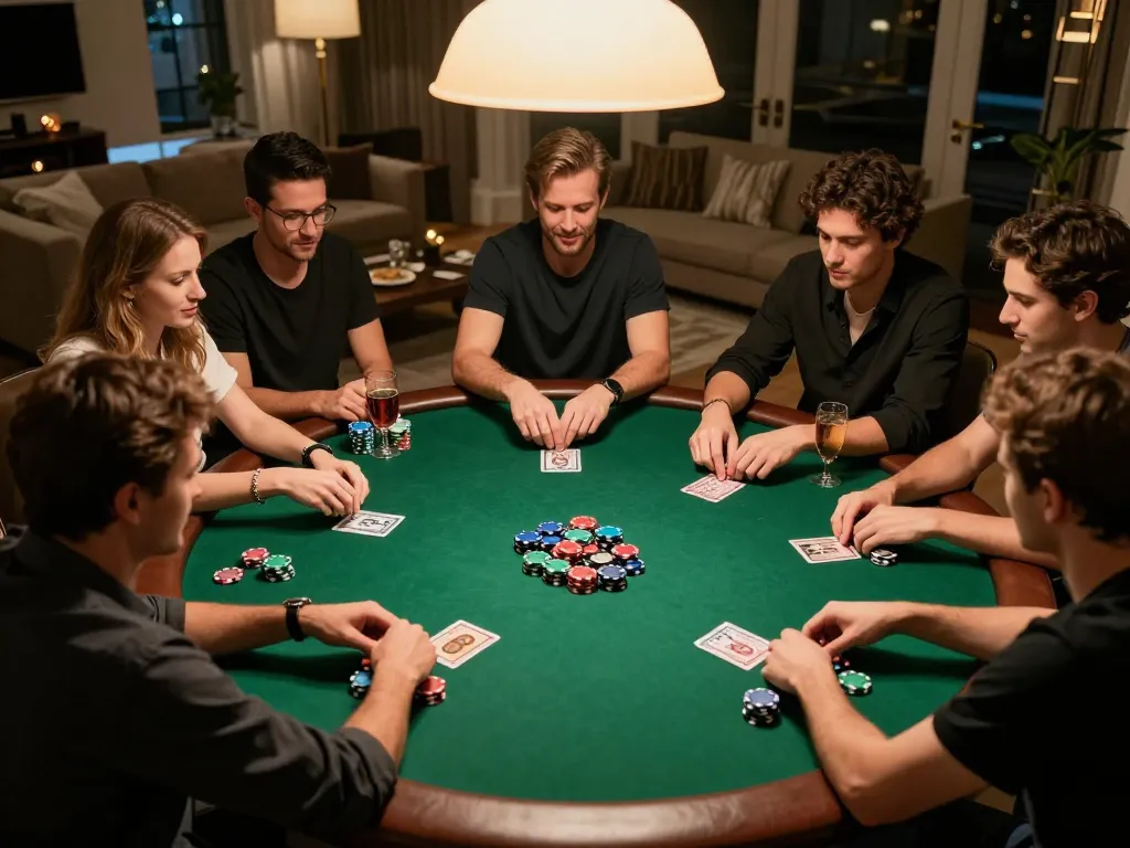 Enjoying a thrilling poker game at ONE88ZA.COM with friends in an elegant home setting