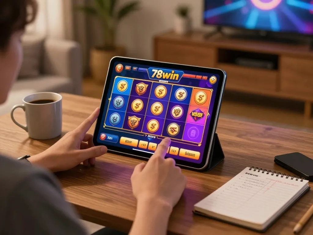 Engaged player exploring slot games on 78win platform from a cozy home setup
