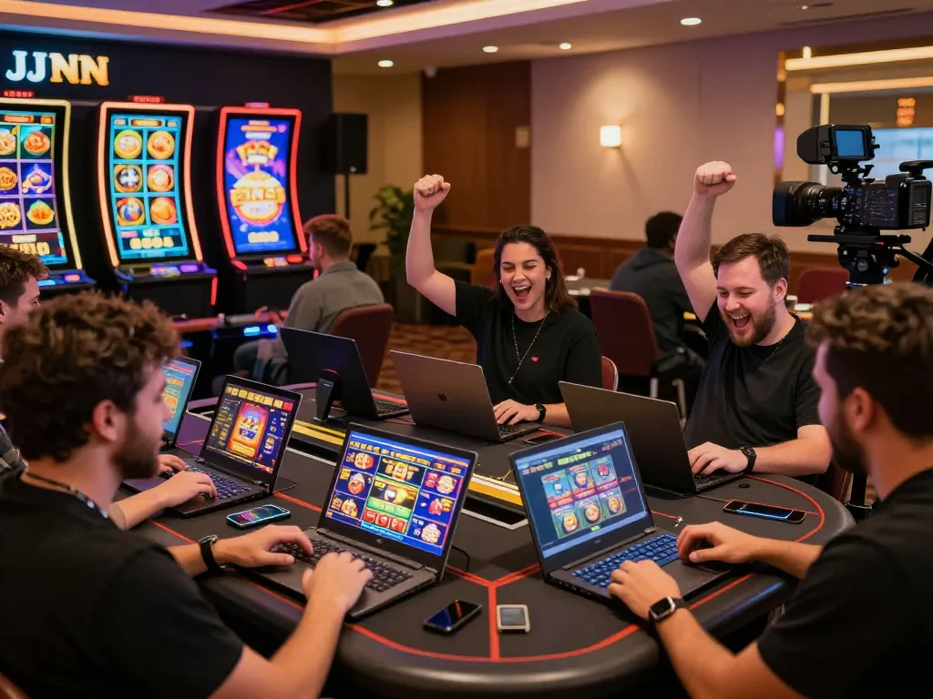 Engaged players enjoying JJNN Slots on their devices at a lively online casino event.
