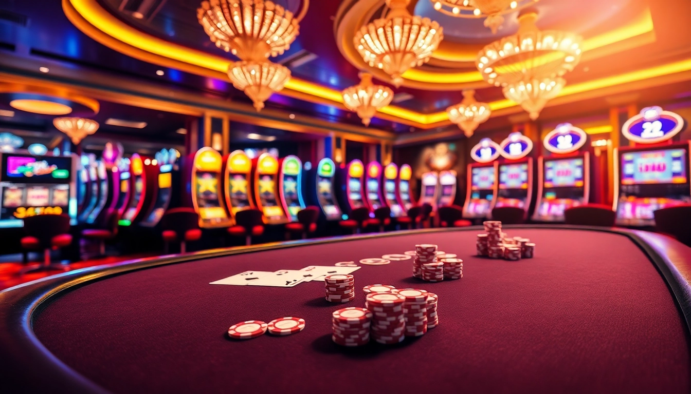 Experience high-stakes gaming at tt88.com with vibrant casino tables and online interfaces featuring poker chips and cards.