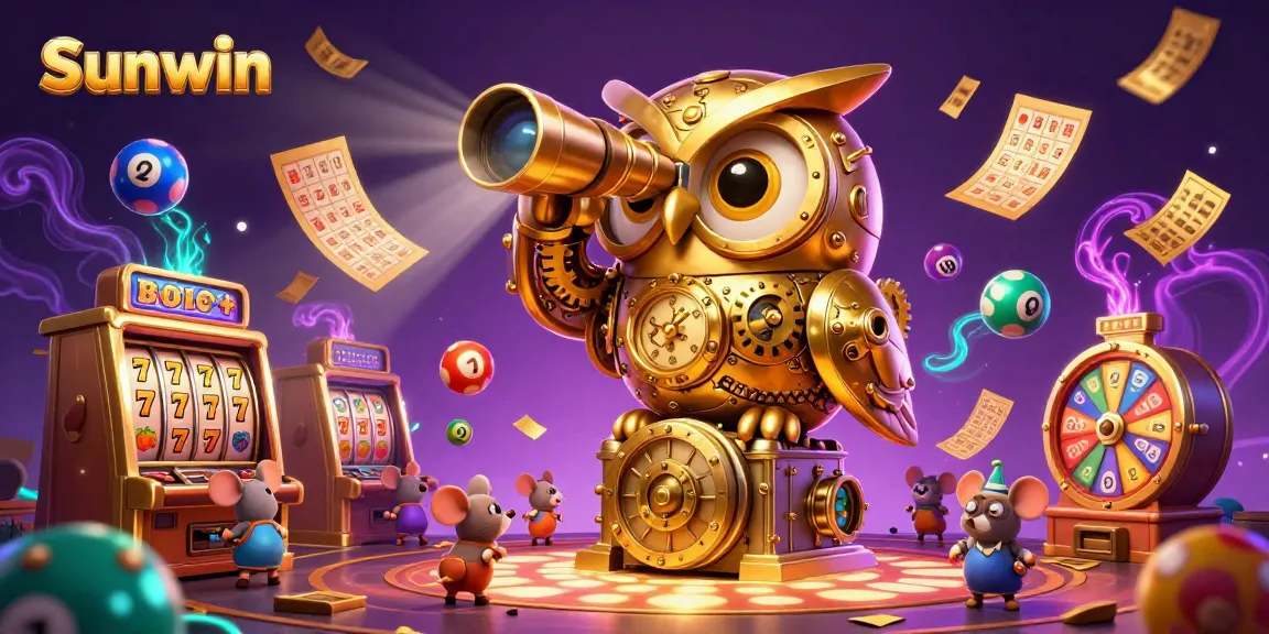 Experience thrilling gameplay at Sunwin with a dynamic casino illustration featuring slot machines and vibrant lottery elements.