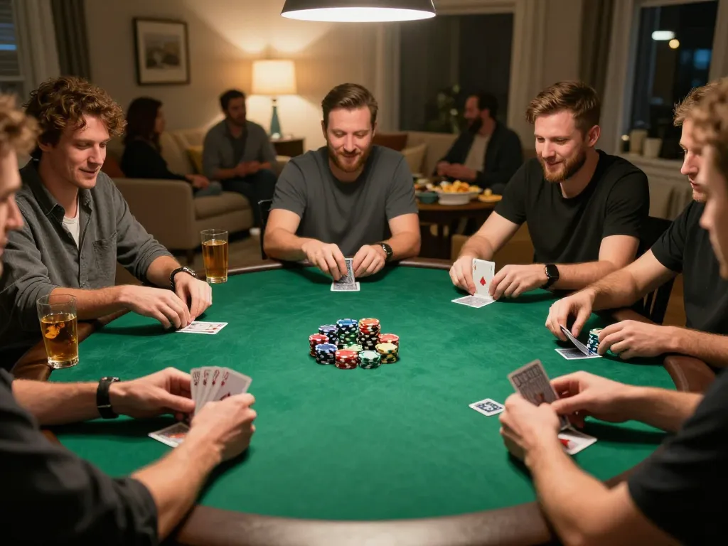 Engaging players in a game đánh bài of Tiến Lên with colorful poker chips and cards at home