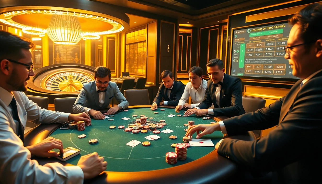 Engaged players enjoy QQ88 at a glamorous poker table filled with colorful chips.