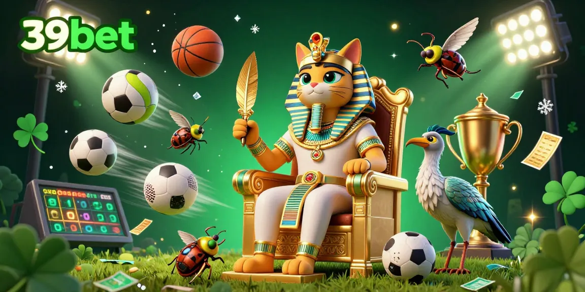 Engage with the thrilling gaming world of 39bet, featuring a vibrant 3D depiction of a pharaoh cat and sports elements.