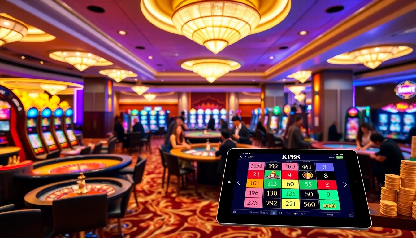 Excited players engaging in kp88 casino games with colorful slot machines and poker tables.