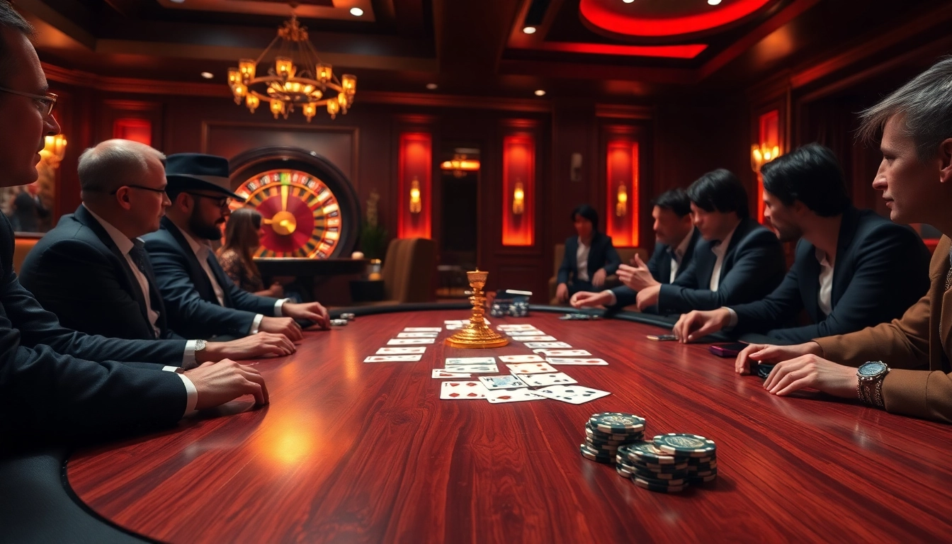 Players engaging in high-stakes poker at thabet casino table, showcasing vibrant chips and cards.