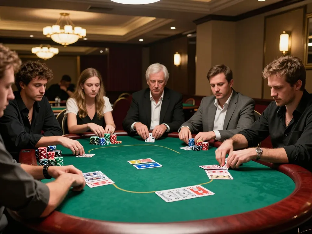 Players engaged in a strategic poker game at the tx88at casino table with colorful chips.