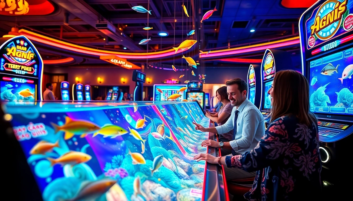 Engaging players in a bắn cá đổi thưởng game, surrounded by vibrant underwater visuals and casino elements.
