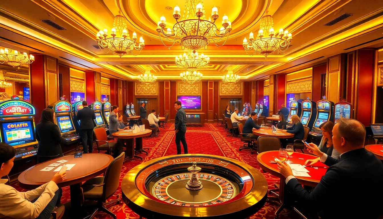 Engaging gambling atmosphere at https://vu88.tech/ with players at a roulette table and slot machines.