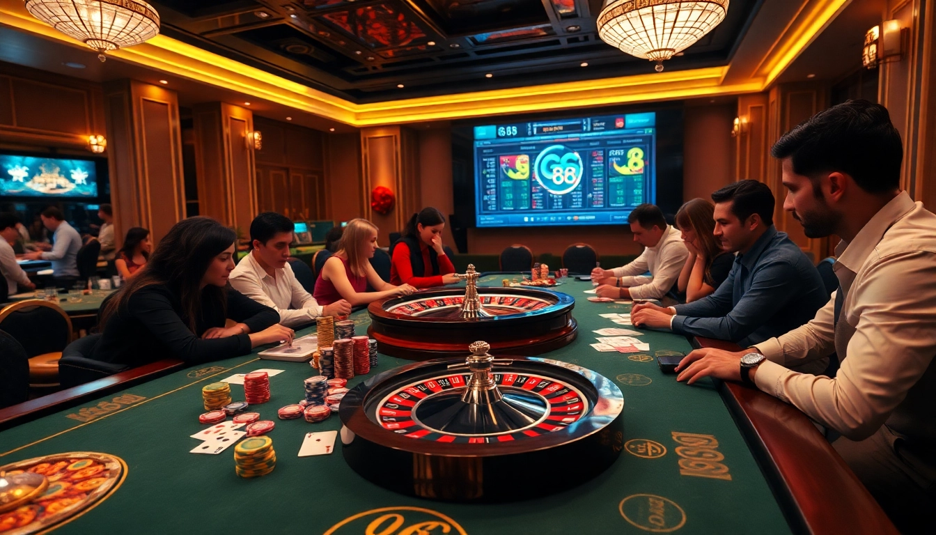 Excited players engaging in ĐÁ GÀ 88 betting action at a luxurious casino table.
