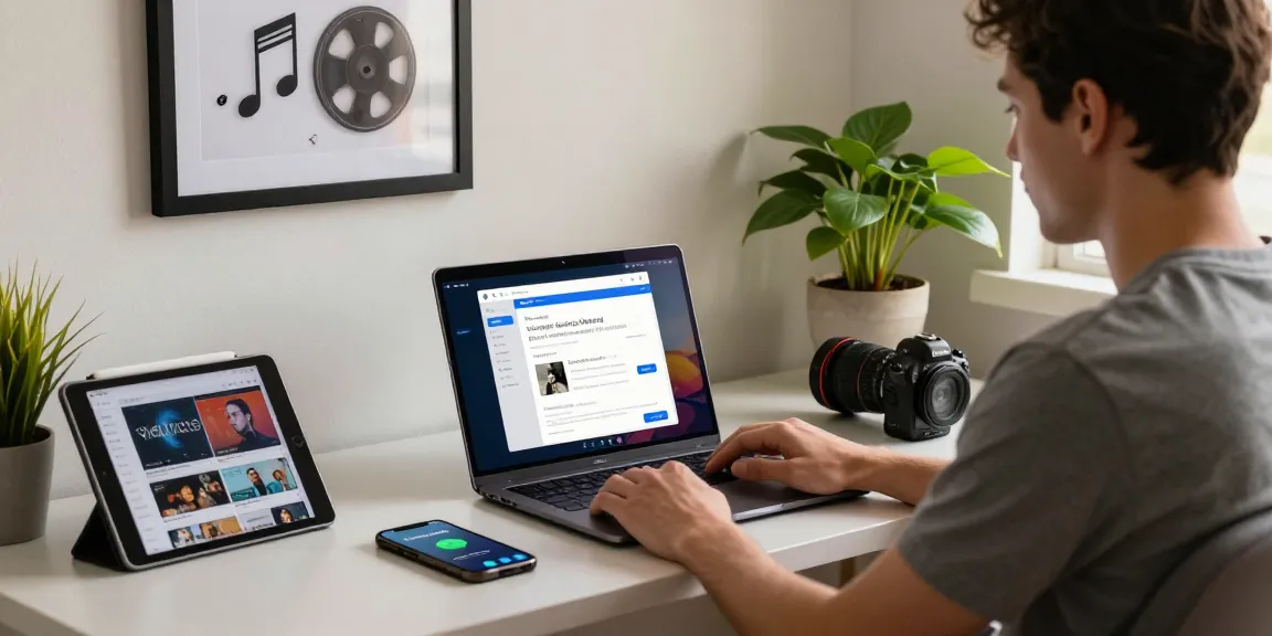 Vidmate app interface on a laptop in a cozy home office, highlighting video and music downloading.