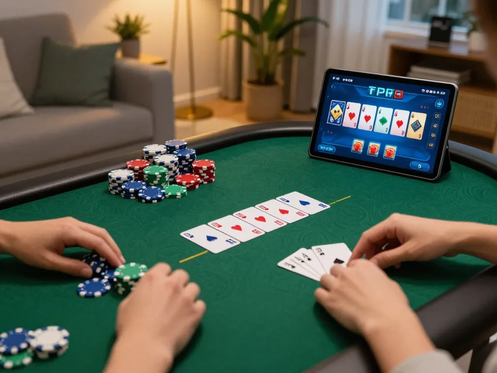 Engaged player strategizing in link 33win online poker game on tablet with cozy atmosphere