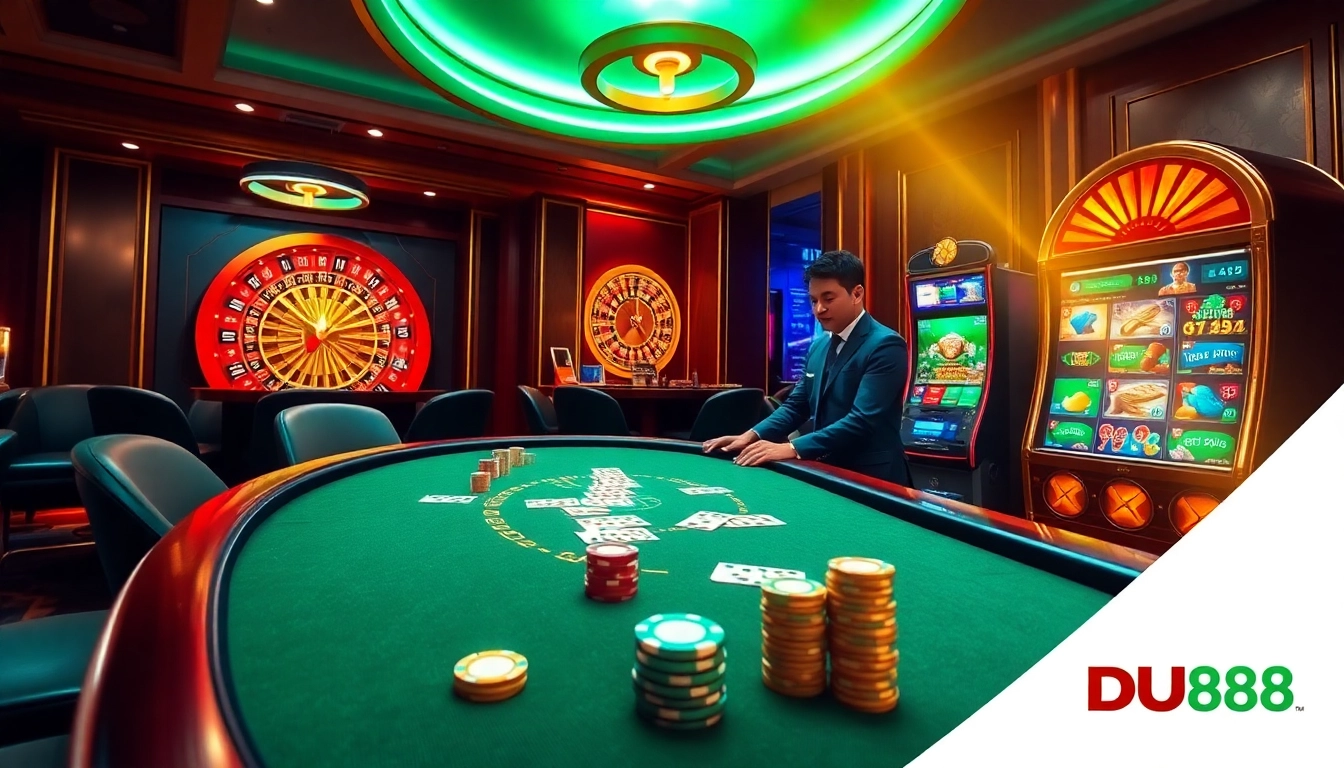 Experience thrilling gameplay at https://du88.cx/ with a luxurious poker table and vibrant casino elements.